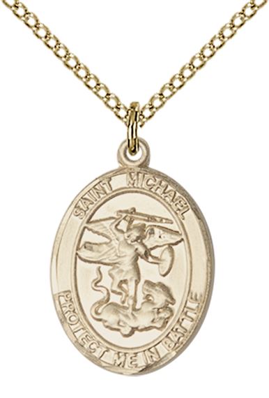 14KT GOLD FILLED ST MICHAEL PENDANT ON A CHAIN - 3/4" x 1/2"